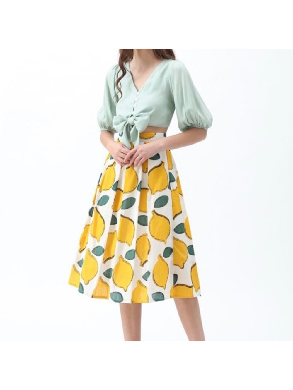 Chicwish Summer Cool Lemon A-Line Midi Skirt Wool Pleated Lightweight Office Bru